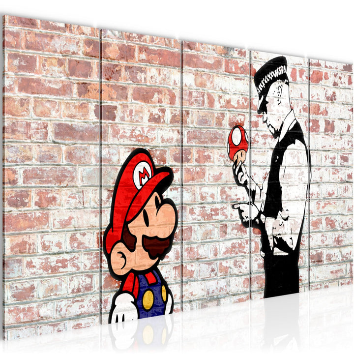 Runa Art Wandbild XXL Mario and Cop Banksy Jugendzimmer Wohnzimmer 200 x 80 cm Braun Bunt 5 Teilig -