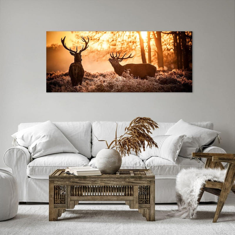 Wandbilder Dekoration Wohnzimmer Deer Heidekraut Tier Panorama Bilder auf Leinwand 120x50cm Leinwand