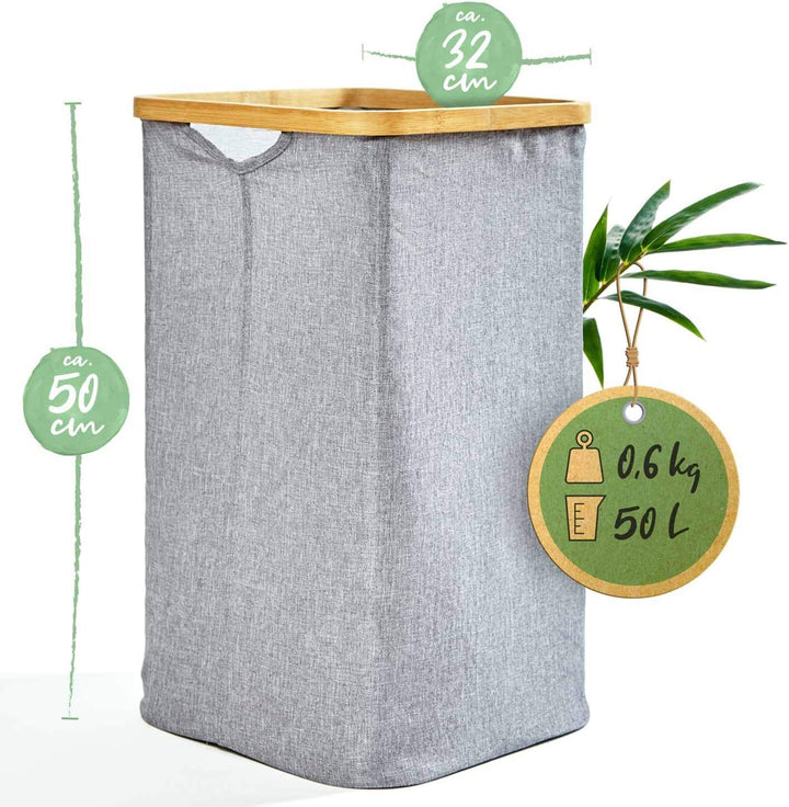 Faltbarer Wäschekorb mit Ring aus ökologischen Bambus ca. 50x32cm & 50 Liter Inhalt| Wäschesortierer