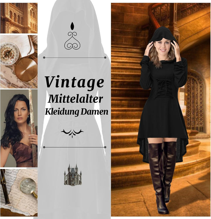 Pianocean Mittelalter Kleidung Damen, Renaissance Kleid, Gothic Kleid，Renaissance Mit Kapuze Langarm