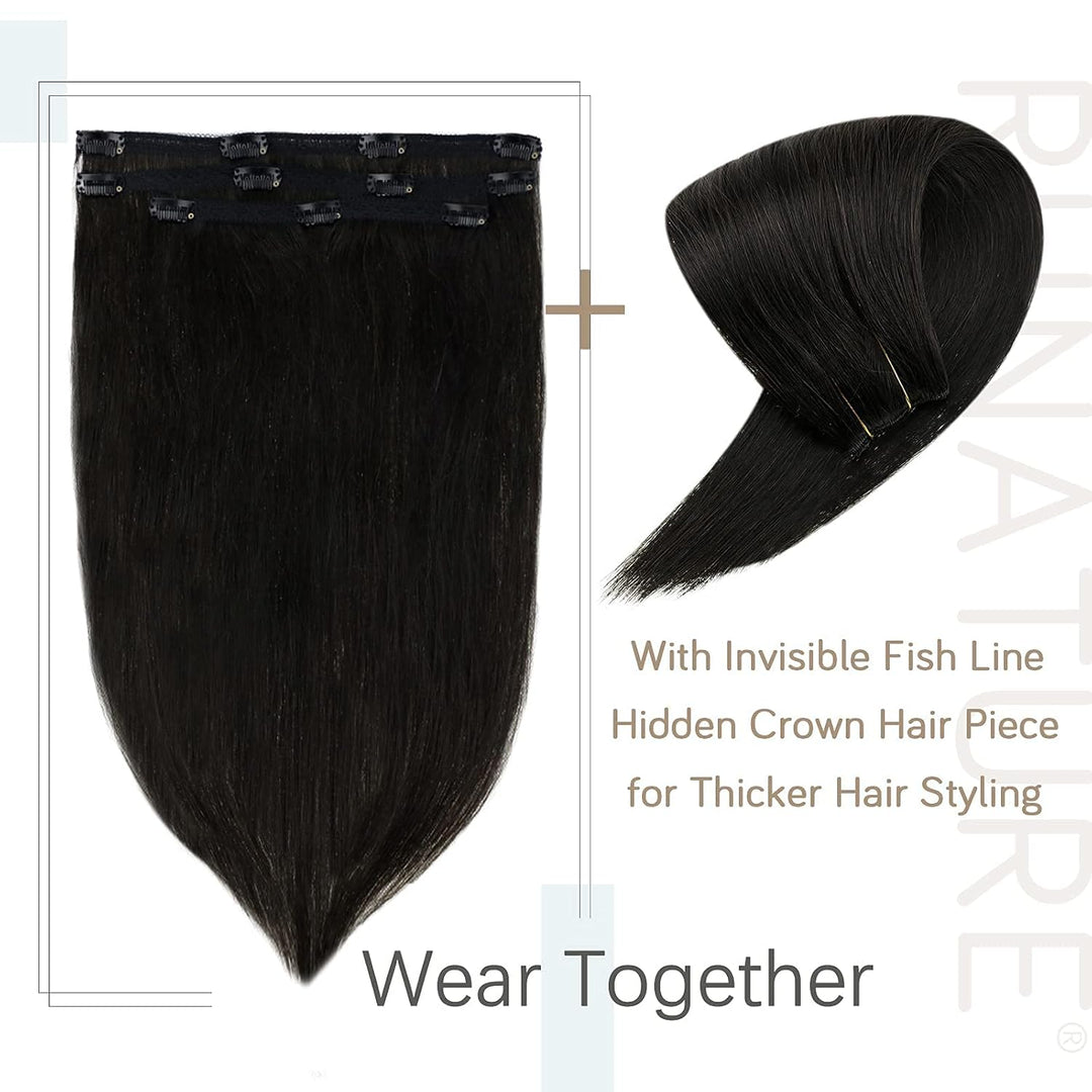 RUNATURE Haarverlängerung Echthaar Clip Schwarz 45cm 3 Stück Naturliches Haar Extensions Seamless #1