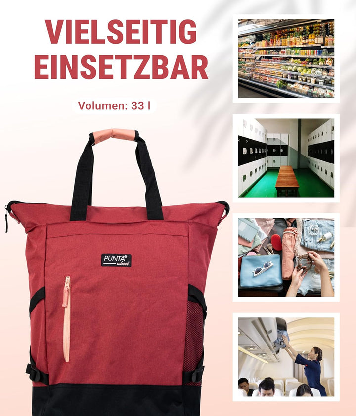 Punta® Einkaufstrolley 33L Weinrot | Einkaufstrolley modern mit Skater-Rollen – leise & leichtgängig