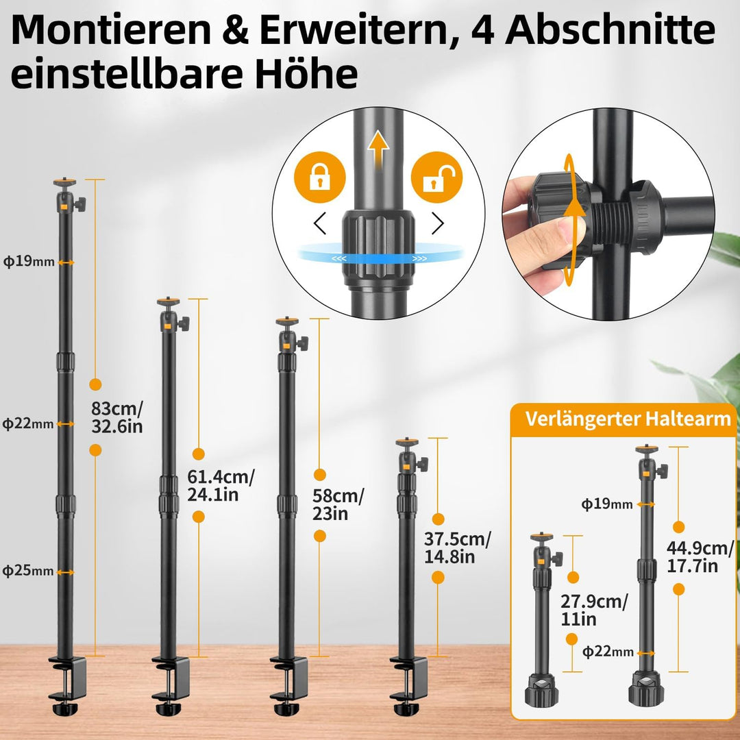 OS03 Tischstativ Kamera, 37-83cm Einstellbar Overhead Stativ Webcam, Kamera Tischhalterung mit Boom