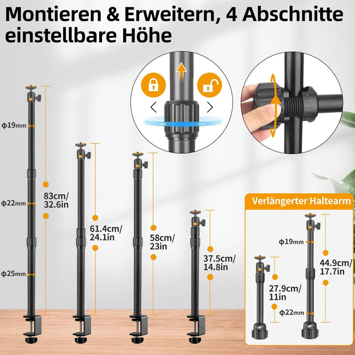 OS03 Tischstativ Kamera, 37-83cm Einstellbar Overhead Stativ Webcam, Kamera Tischhalterung mit Boom