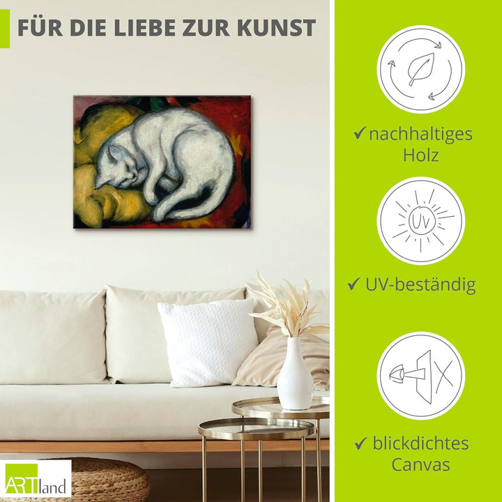 ARTland Leinwandbild Wandbild Bild auf Leinwand 80x60 cm Wanddeko Haustier Katzenbett Die weisse Kat