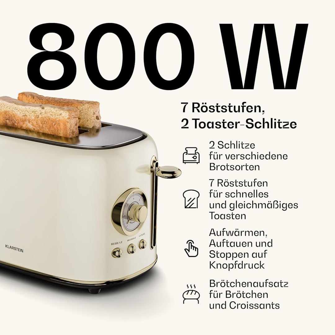 Klarstein Victoria Toaster Wasserkocher Set, Retro Design, 2 Scheiben Toaster mit 7 Bräunungsstufen