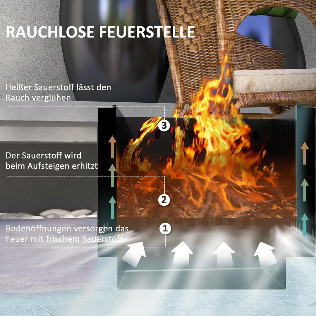 Outsunny Feuerschale, quadratischer Feuerstelle, rauchfreier Feuerkorb mit Schürhaken, Tischfeuer fü