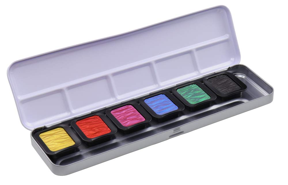 Finetec F7002 Metallfarbkasten, 6 deckende Premium Perlglanzfarben „High Chroma“, 6 Farben, 6 Stück