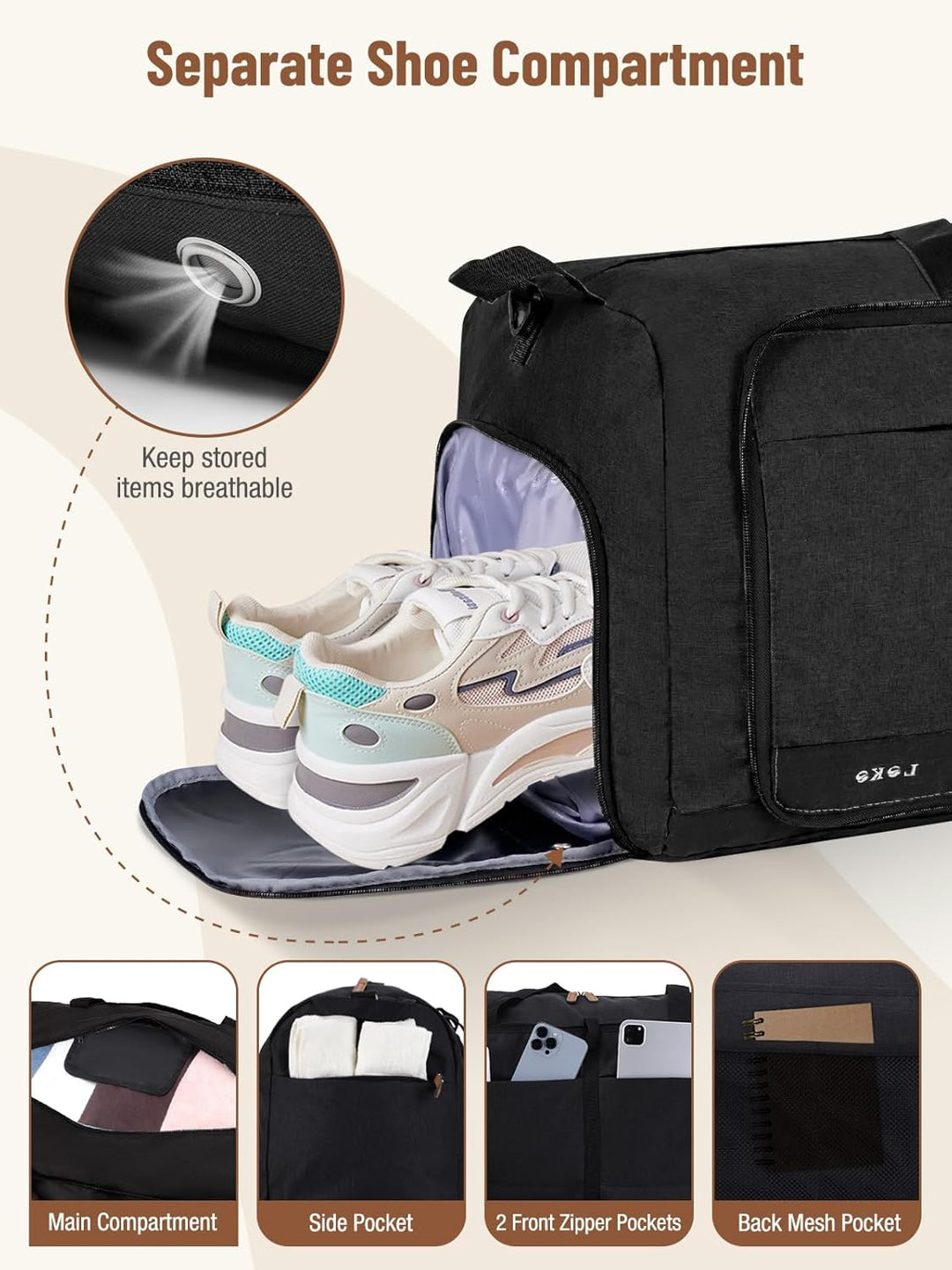 Lekesky Faltbare Reisetasche Weekender mit Schuhfach, 60L Reisetasche Sporttasche Kliniktasche Krank