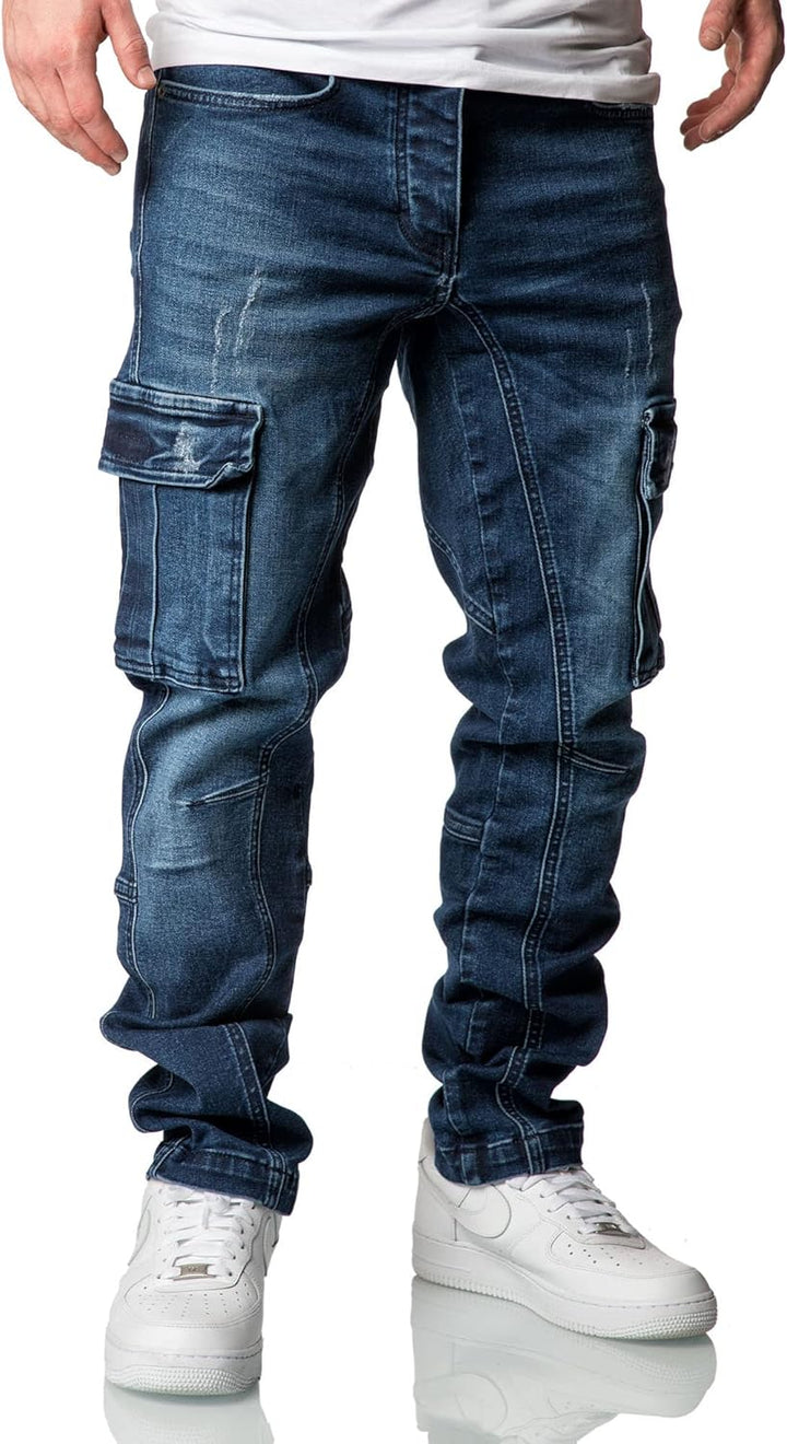Amaci&Sons Herren Cargo Jeans Regular Slim Denim Hose Destroyed 7977 32W / 32L Dunkelblau, 32W / 32L