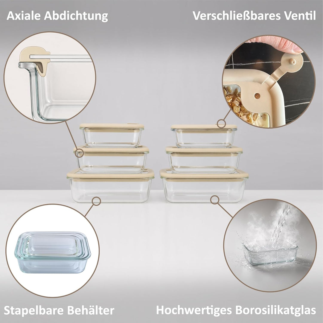 Glas Frischhaltedosen Set 6 Stück - 100% Glas mit Glasdeckel BPA frei PFAS frei - Glasbehälter luftd
