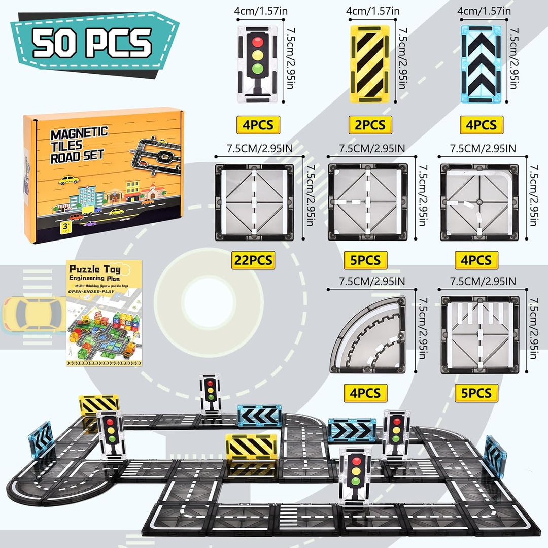 BuzzoXerex Magnetische Bausteine Strassenset, 50PCS Magnetische Fliesen Stadtstrassen, Magnetbaustei