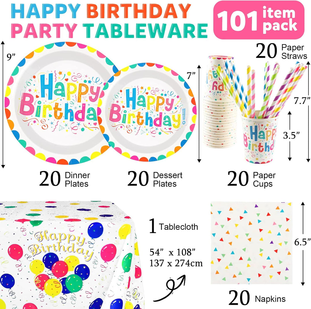101PCS Geburstag Partygeschirr Pappteller Set Bunte Partyteller Partybecher Servietten Strohhalme Ti