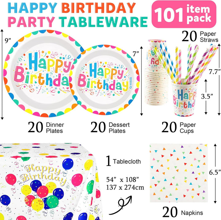 101PCS Geburstag Partygeschirr Pappteller Set Bunte Partyteller Partybecher Servietten Strohhalme Ti