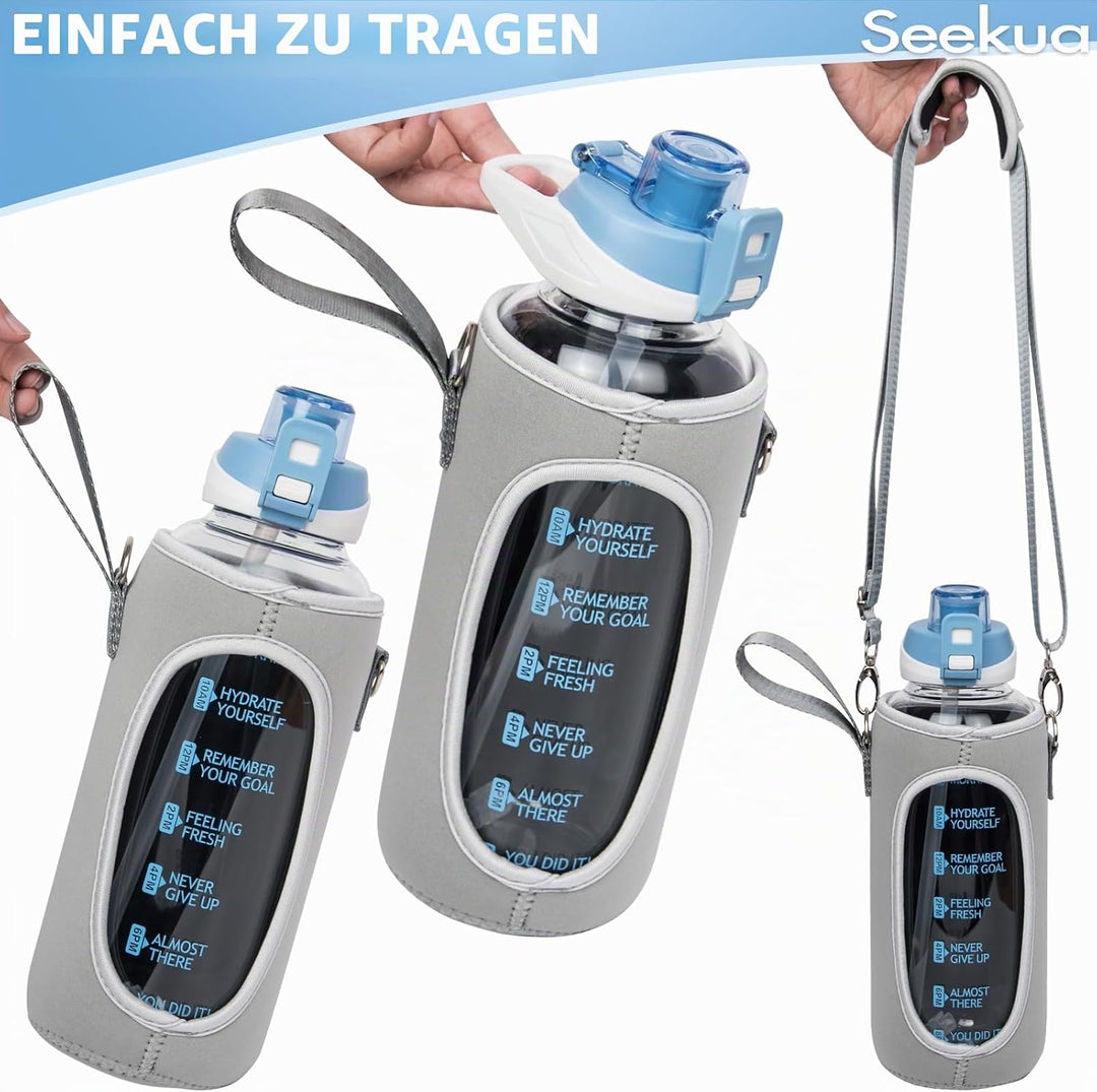 Seekua 2l Sport Trinkflasche Glas Flasche mit Strohhalm &amp; Zeitmarkierung auslaufsicher bpa frei 2 li