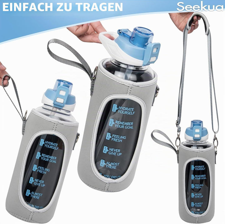 Seekua 2l Sport Trinkflasche Glas Flasche mit Strohhalm &amp; Zeitmarkierung auslaufsicher bpa frei 2 li