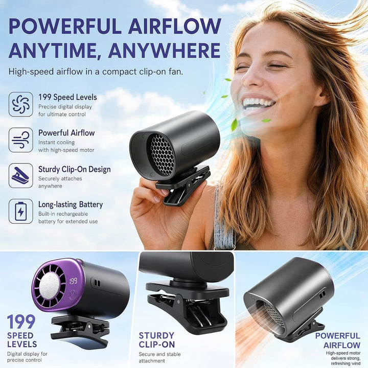 Auto Clip Ventilator, Wiederaufladbarer Mini-Ventilator mit LED-Display (B) | 199 Geschwindigkeiten,