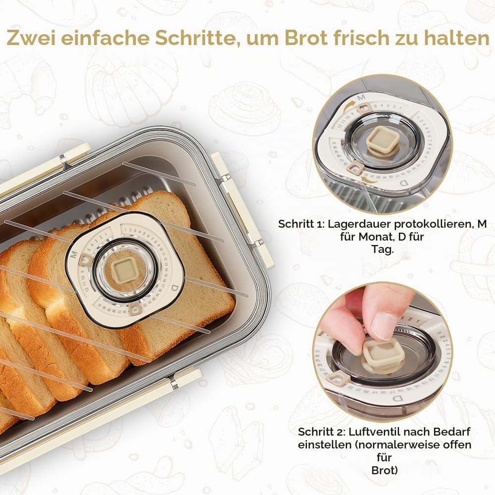 Brotkasten aus Edelstahl mit Zeitschaltuhr, Brotkasten Gross, luftdichter Aufbewahrungsbehälter für