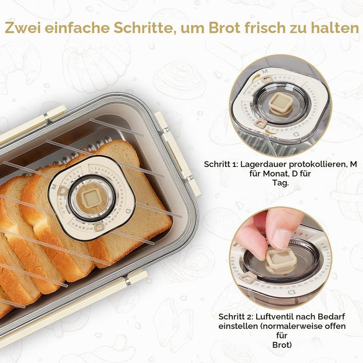 Brotkasten aus Edelstahl mit Zeitschaltuhr, Brotkasten Gross, luftdichter Aufbewahrungsbehälter für