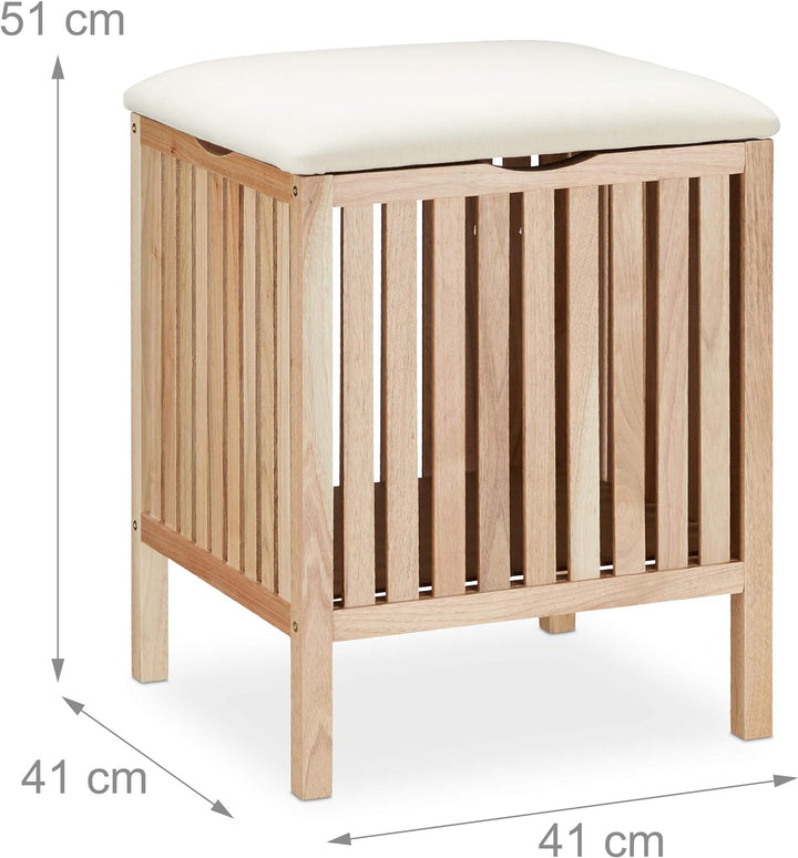 Relaxdays Wäschekorb mit Sitz, Badhocker mit Stauraum, 40 l Wäschesammler, Holz/Stoff, HBT: 51 x 41