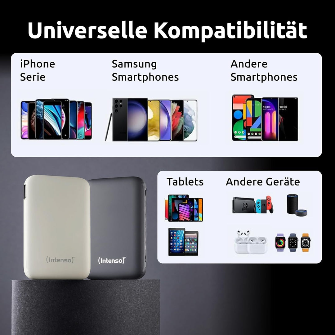 Intenso S10000 Powerbank mit integriertem USB-C Kabel, 10.000 mAh, Ultra schnelles Laden mit PD 3.0
