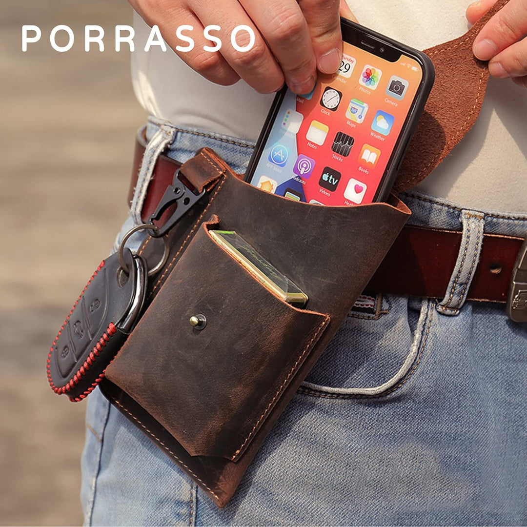 PORRASSO Handy Gürteltasche mit Schlüsselanhänger Retro Leder Handytasche Handyschutz Holster für Te