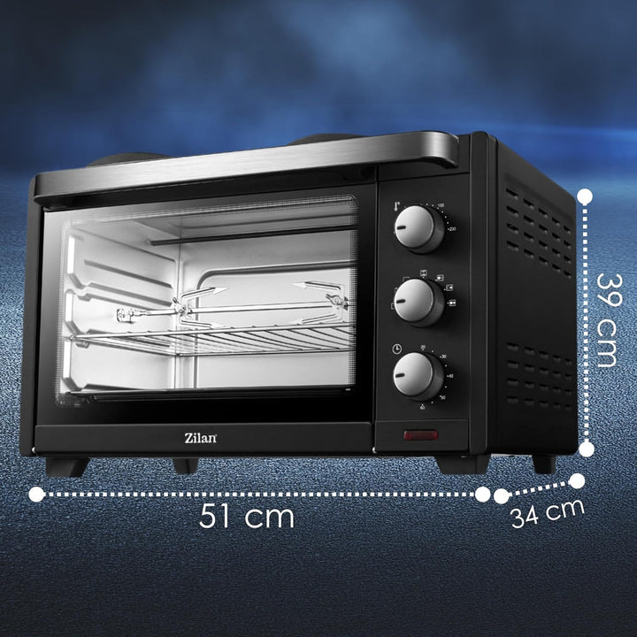 Mini Backofen mit Herdplatten 28 Liter | Elektrischer Drehspiess | Integrierte Kochplatten | Pizza-O