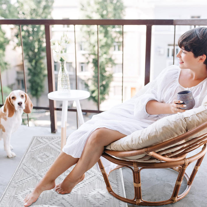 payé Teppich Läufer - Silber Grau Raute - 60x110cm - Boho Deko Teppiche für Balkon Terrasse Garten -