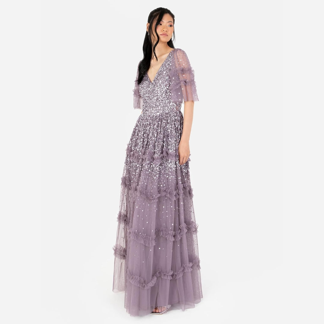 Maya Deluxe Damen Women's Maxi Ladies V-Neck Sequin Embellished Ruffle Detail for Wedding Guest Brid