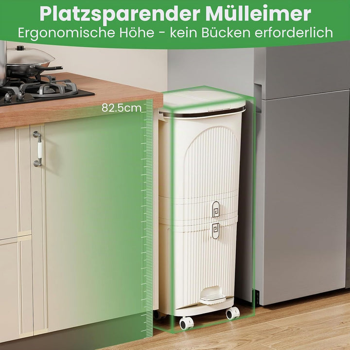 GIANTEX Mülleimer Küche 42 L, Mülltrennsystem 3 Fächer & Schublade, Abfalleimer mit Rollen, Küchenmü
