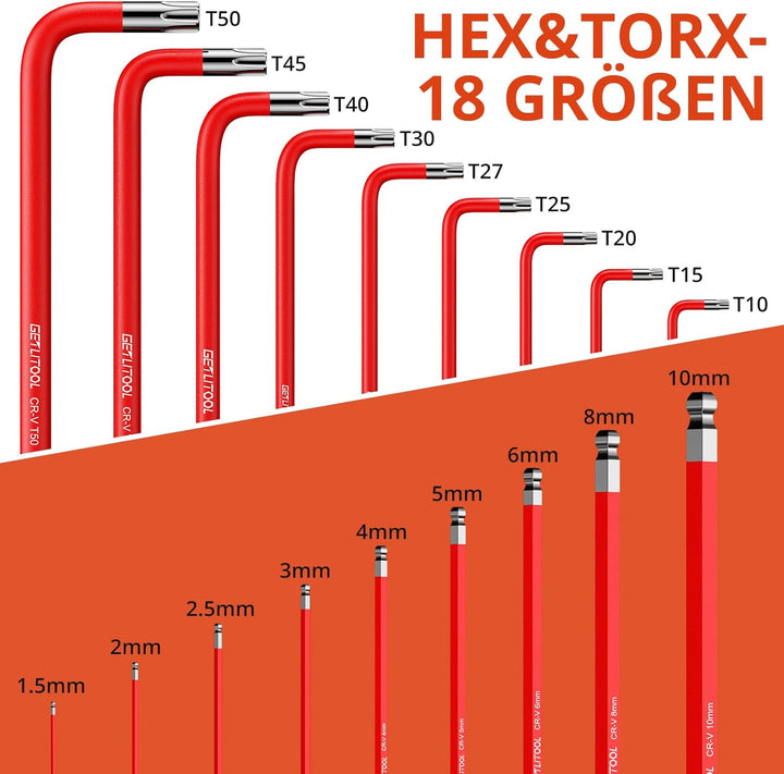 GETLITOOL Innensechskant Satz Lang, 18tlg. Innensechskantschlüssel Kugelkopf Metrisch HX 1,5mm-10mm
