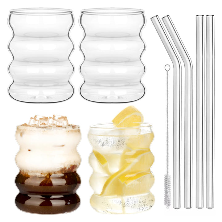 Withosent 300ml Bubble Gläser mit Strohhalm, 4er Gerippte Trinkgläser Set, Wave Gläser Tumbler Glasb