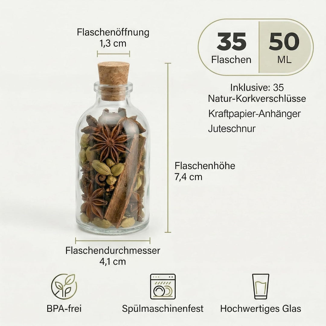 casavetro 35 x 50 ml kleine Glas-Fläschchen mit Kork Deckel Glasflaschen für Hochzeit Geschenke set