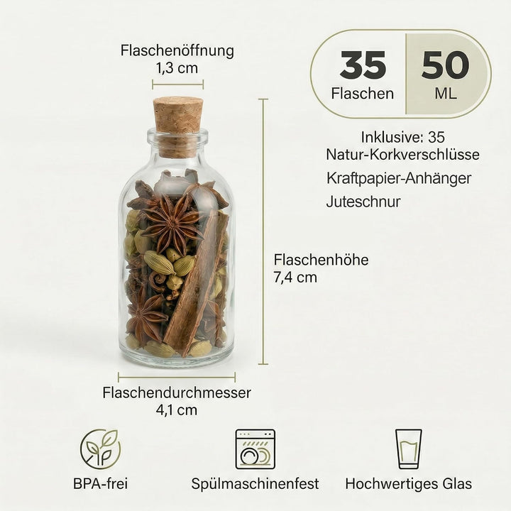 casavetro 35 x 50 ml kleine Glas-Fläschchen mit Kork Deckel Glasflaschen für Hochzeit Geschenke set