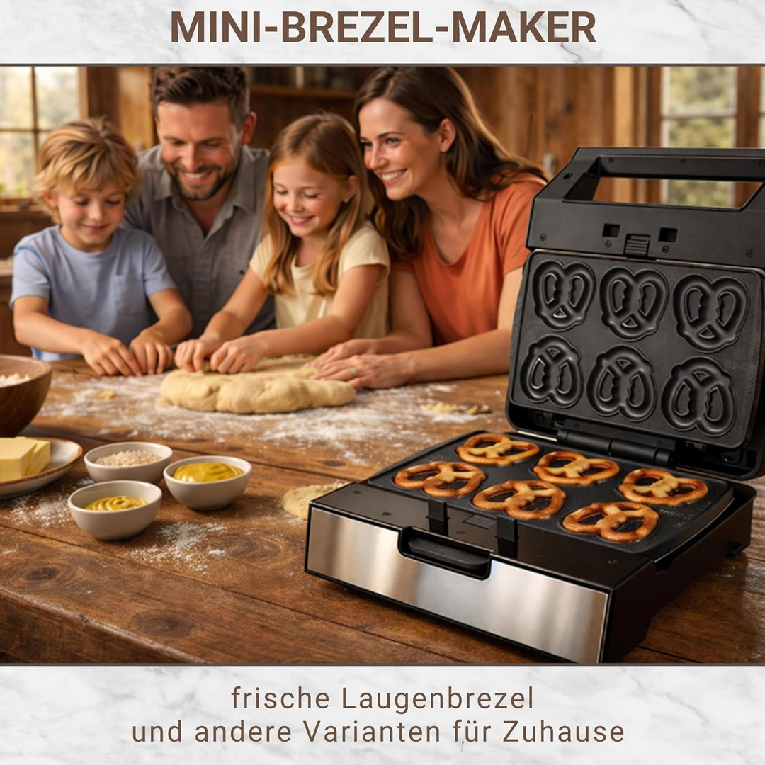 Syntrox Mini Brezel Maker mit Wechselplatten, Edelstahl, schnelles Aufheizen, Antihaftbeschichtet, v