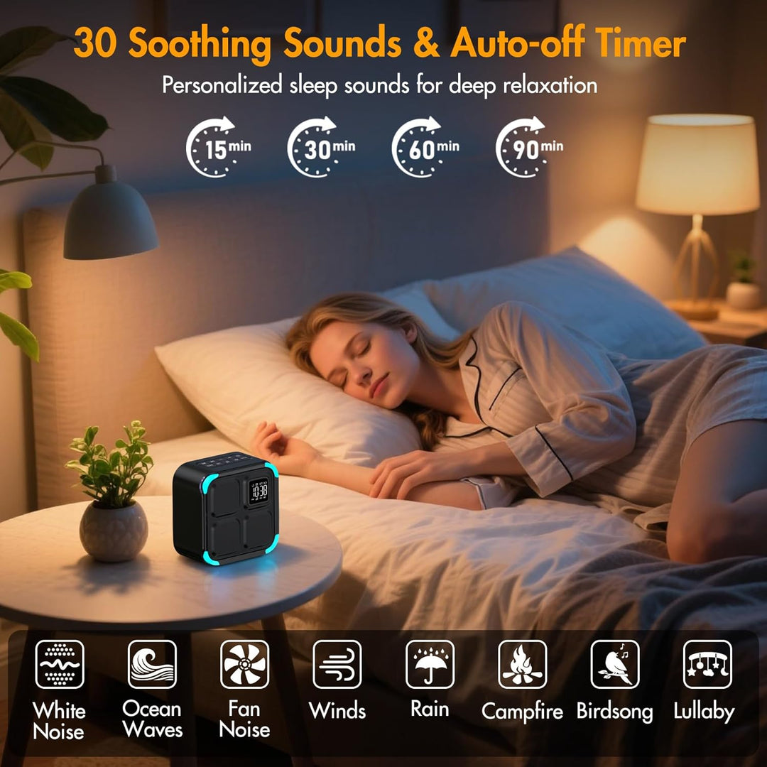 APUZOM Bluetooth Lautsprecher mit Wecker 30 Natural Sounds | 5-in-1: Nachtlicht, Tischuhr, Schlaf Ti