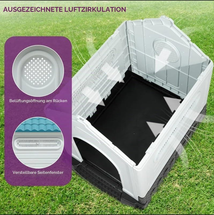 Lanco – Hundehütte für kleine Hunde mit verstellbarem Schiebedach. Innen- und Aussenbereich mit Belü