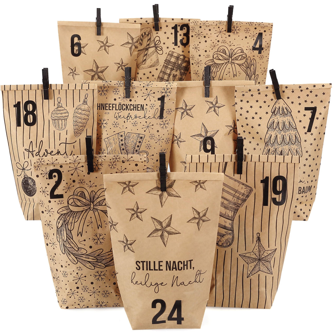 Papierdrachen Adventskalender 2025 zum Befüllen - 24 braune Geschenktüten mit Zahlenaufklebern - Mot
