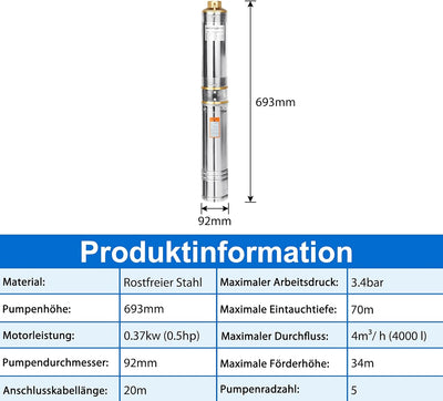 YRHome Tiefbrunnenpumpe Tauchpumpe rostfreiem Edestahl 4 Zoll 0.37kW/0.5hp bis 4.000l/h Fördermenge