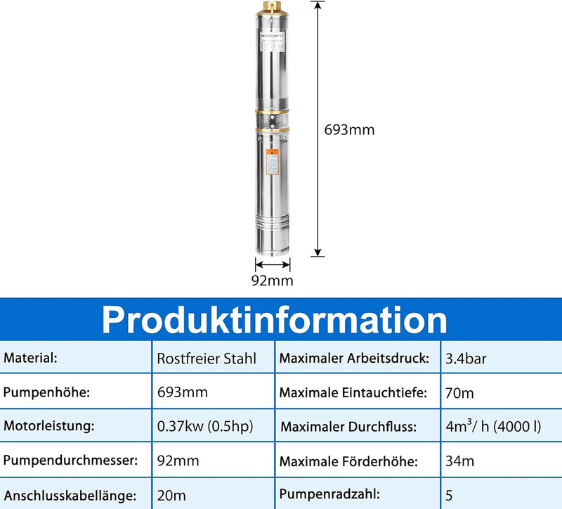 YRHome Tiefbrunnenpumpe Tauchpumpe rostfreiem Edestahl 4 Zoll 0.37kW/0.5hp bis 4.000l/h Fördermenge