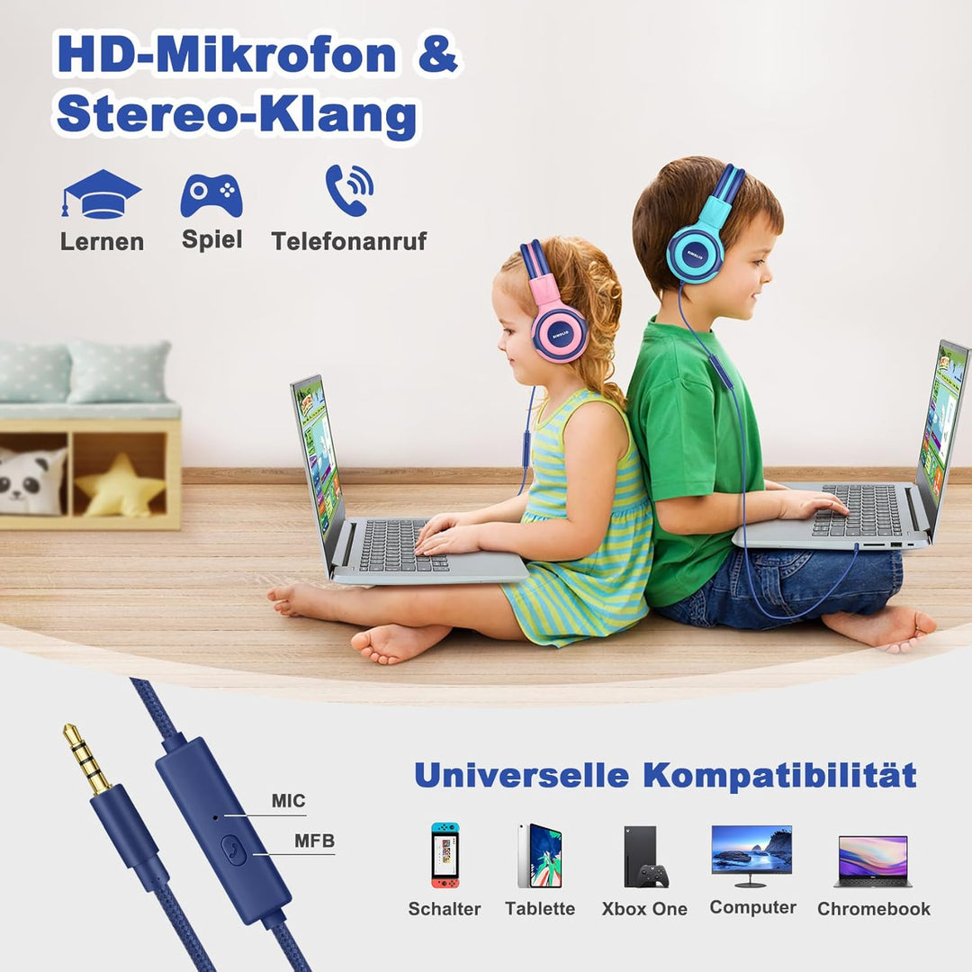 2 Sätze Kopfhörer Kinder mit Tragbar Etui, Kindersicherer Kopfhörer mit Begrenzter Lautstärke, Kabel