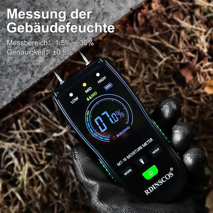 RDINSCOS Feuchtigkeitsmessgerät für Holz, Pin-Typ Holzfeuchtemessgerät mit 4 Messmodi & Farbdisplay,