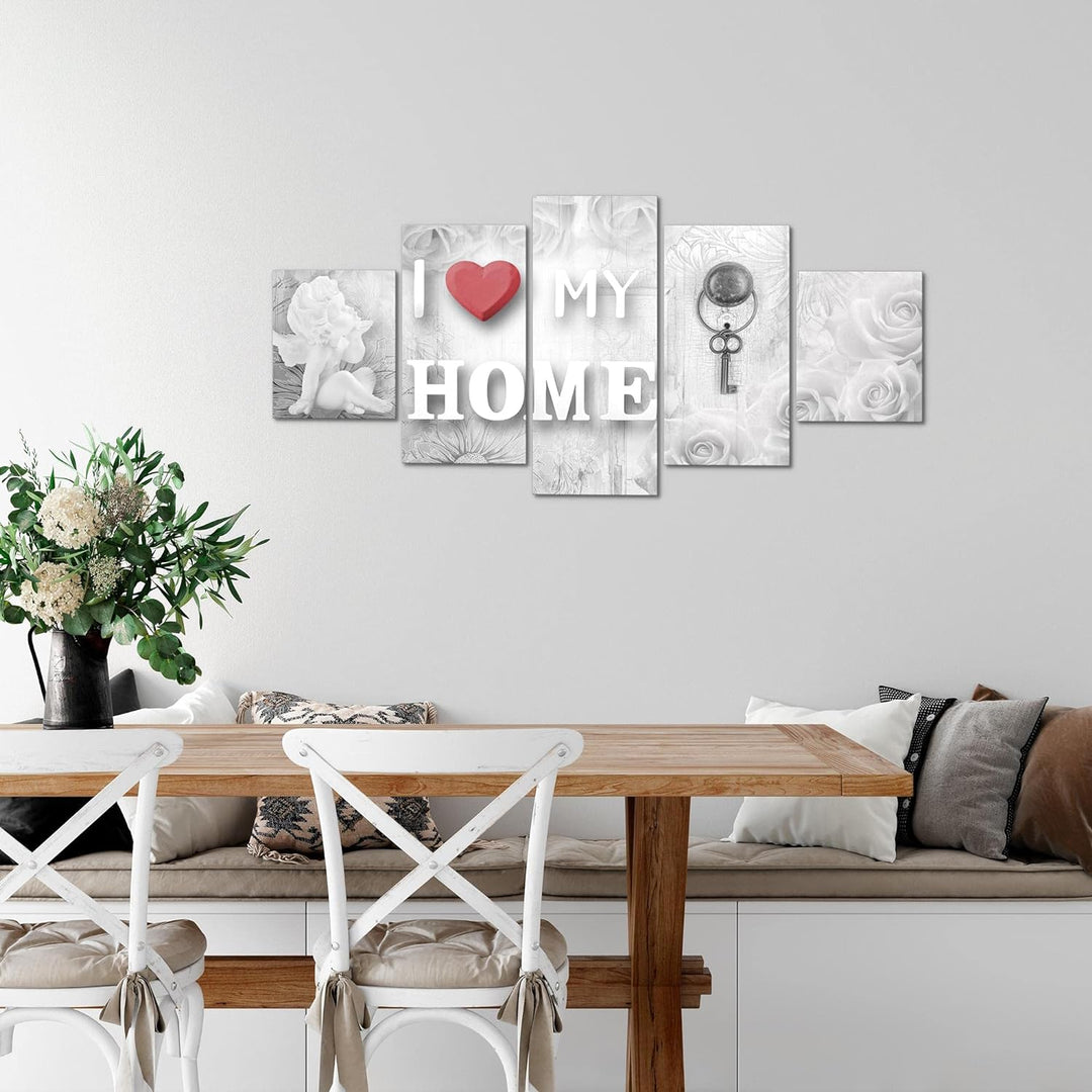 Runa Art Wandbilder Home Herz 5 Teilig Bild auf Vlies Leinwand Deko Wohnzimmer Engel Rot Grau 026252