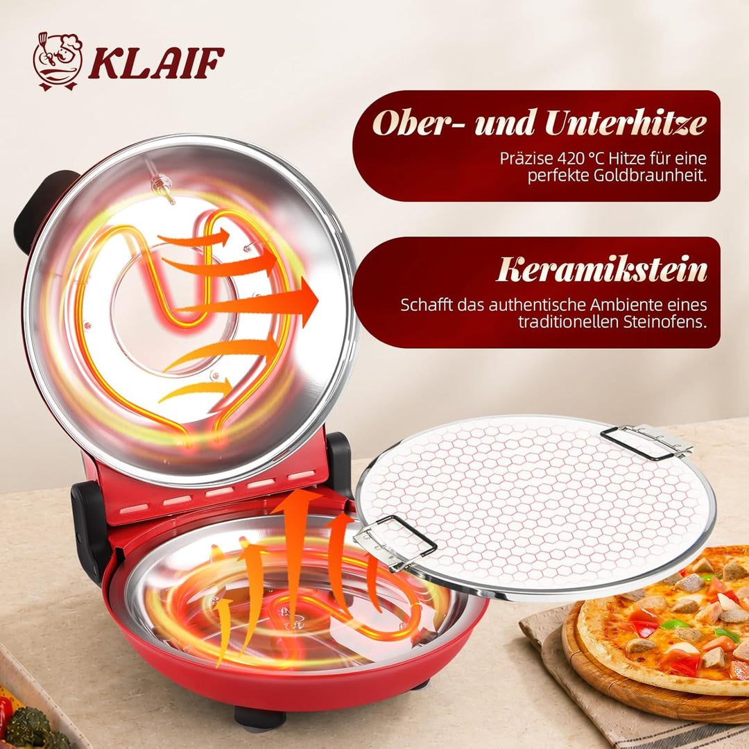 Klaif Elektrischer Pizzabäcker, 420 ℃, 1200 Watt, 5 separate Temperaturstufen, flammenbeständige Ste