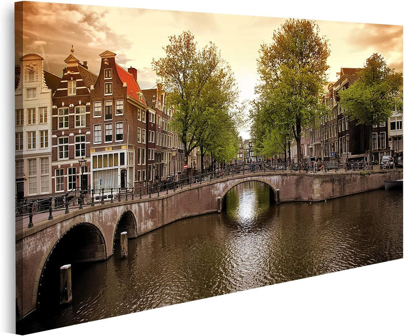 islandburner Bild auf Leinwand Amsterdam Grachten Bilder Wandbilder Poster Leinwand 100x57cm, Leinwa