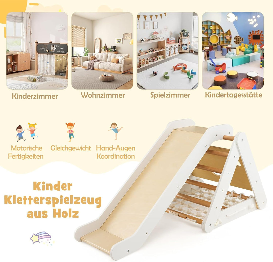DREAMADE 4 IN 1 Kletterdreieck mit Rutsche und Kletternetz, Holzdreieck Kletterspielzeug aus Holz, I