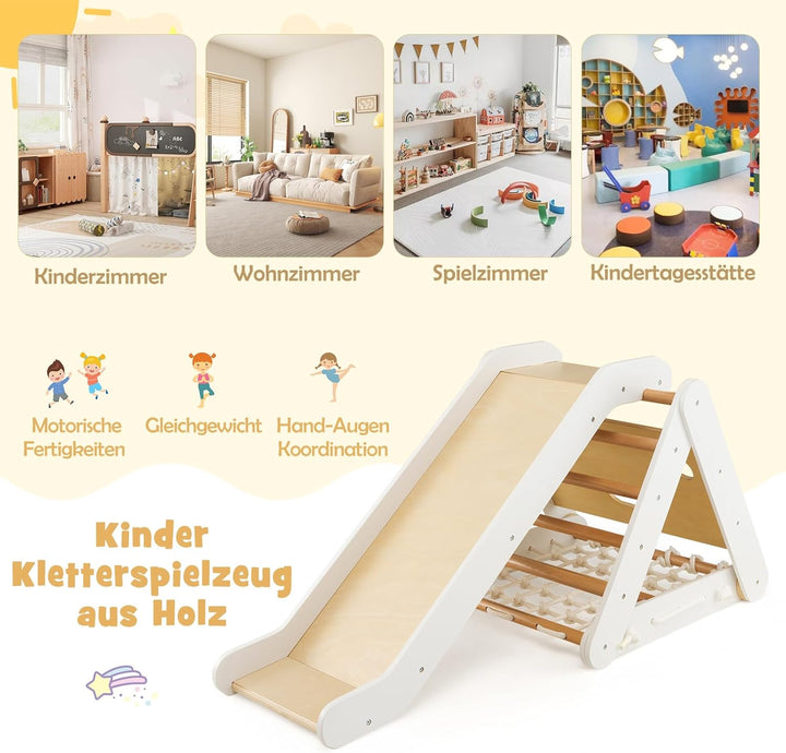 DREAMADE 4 IN 1 Kletterdreieck mit Rutsche und Kletternetz, Holzdreieck Kletterspielzeug aus Holz, I