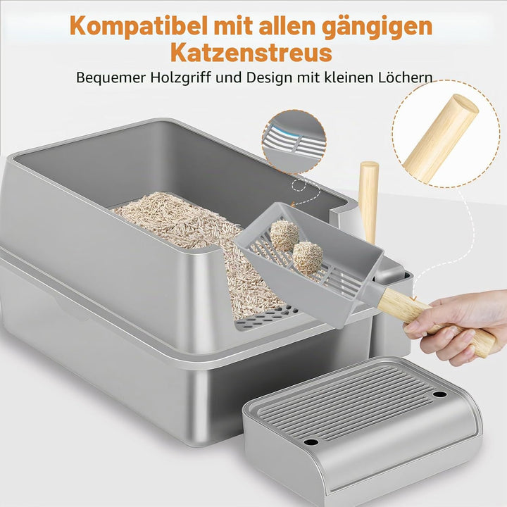 Edelstahl Katzenklo XXL 37L – Geschlossene Katzentoilette für grosse Katzen, mit 120° Klappdeckel, T