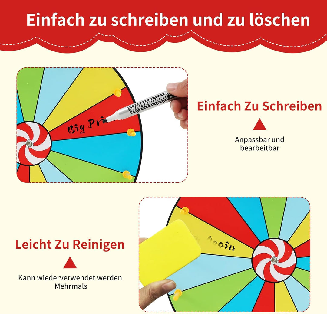 Glücksrad zum Drehen, 30cm Preisrad-Spinner mit Ständer, 15 Slots Wiederverwendbar Glücksrad zum Sel