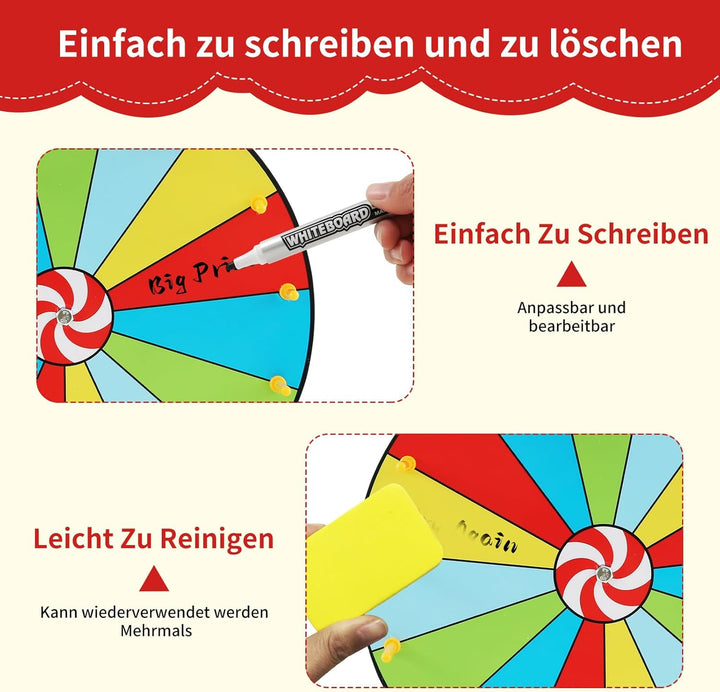 Glücksrad zum Drehen, 30cm Preisrad-Spinner mit Ständer, 15 Slots Wiederverwendbar Glücksrad zum Sel
